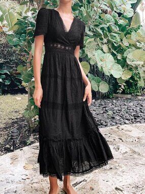 Lulus Folklore Black Swiss Dot Lace Tiered Midi Dress - Size XS